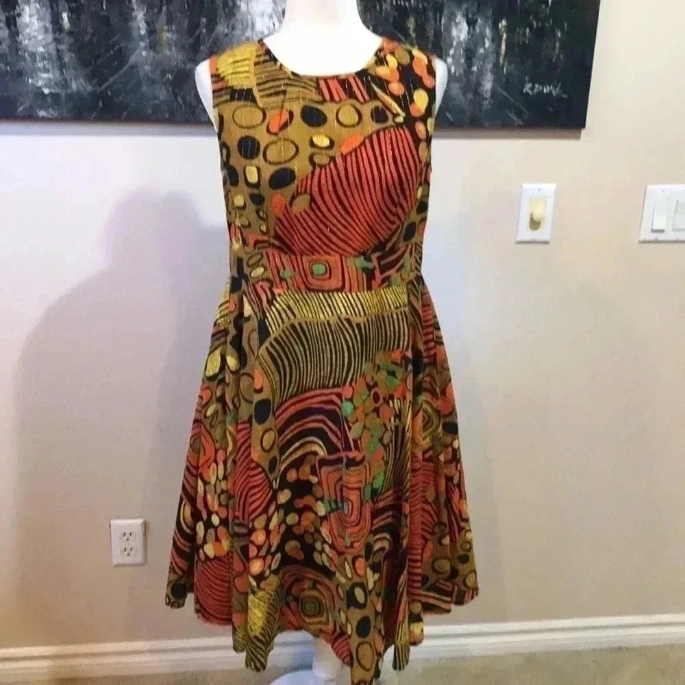 Ashro Cotton Multi Colored Fit and Flare Empire Waist Midi Dress-Size 6